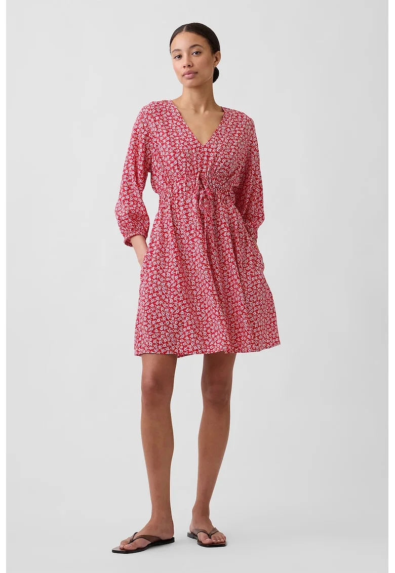 Rochie cu decolteu in V, model floral si buzunare, Rosu/Alb optic
