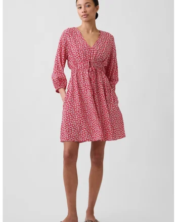 Rochie cu decolteu in V, model floral si buzunare, Rosu/Alb optic
