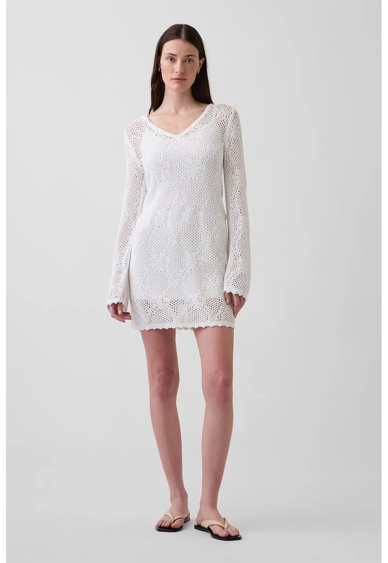 Rochie crosetata cu decolteu in V, Alb optic