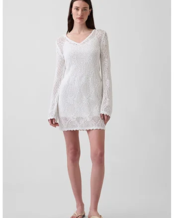 Rochie crosetata cu decolteu in V, Alb optic