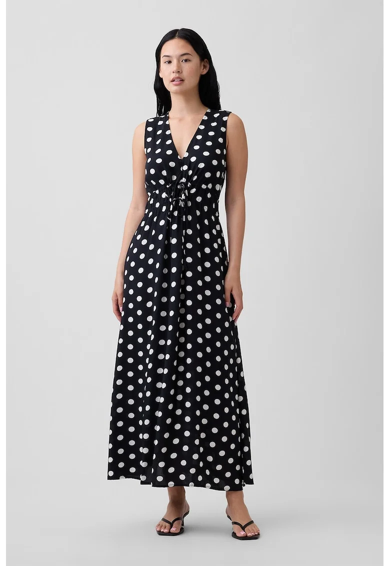 Rochie lunga cu model cu buline si decolteu in V, Negru/Alb optic