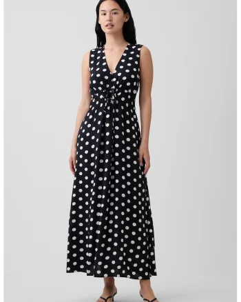 Rochie lunga cu model cu buline si decolteu in V, Negru/Alb optic
