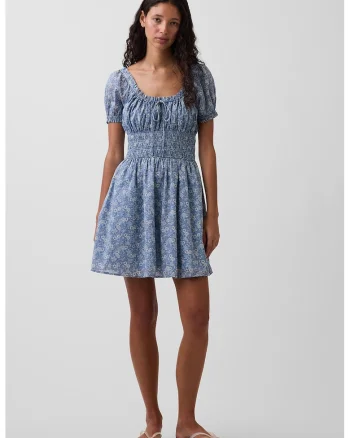 Rochie de bumbac cu talie elastica, Albastru inchis