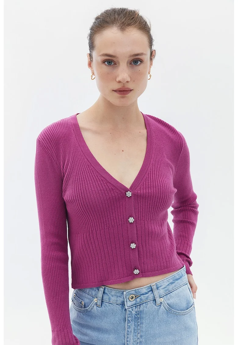 Cardigan tricotat fin cu decolteu in V, Roz fandango