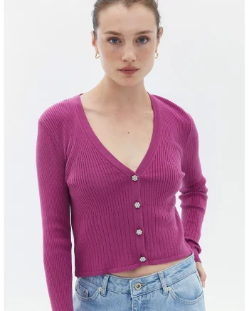 Cardigan tricotat fin cu decolteu in V, Roz fandango