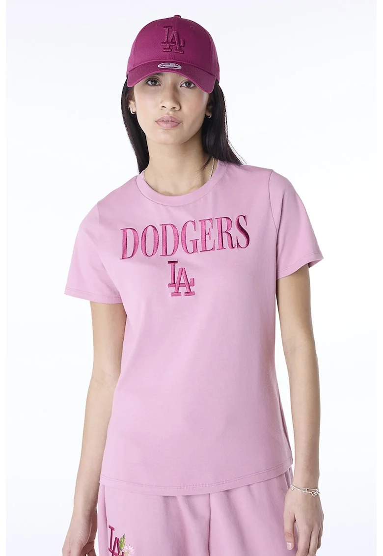 Tricou cu decolteu la baza gatului si logo brodat, Roz inchis/Lila deschis