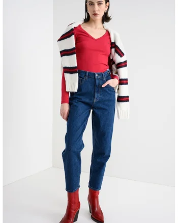 Bluza slim fit striata cu decolteu in V, Rosu vermillion