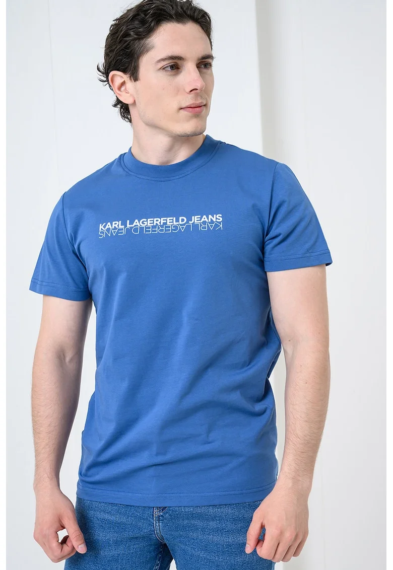 Tricou slim fit de bumbac cu imprimeu logo, Alb/Albastru prafuit