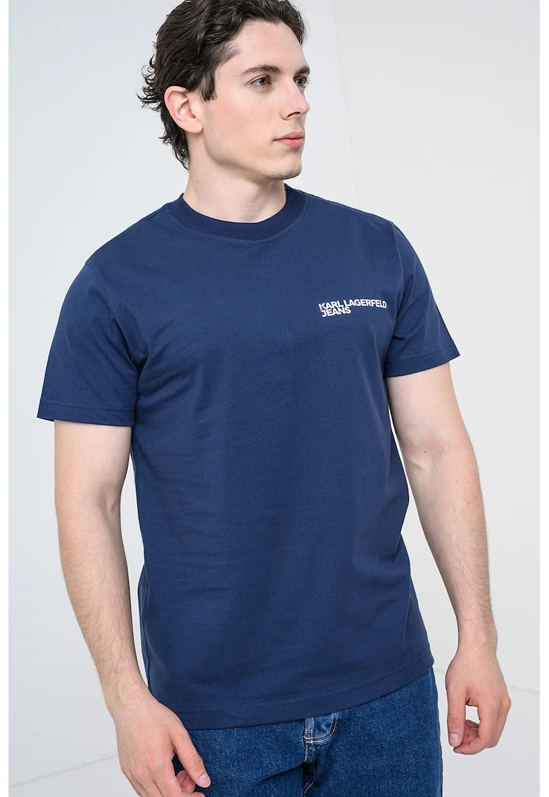 Tricou slim fit de bumbac organic cu imprimeu logo, Alb/Bleumarin