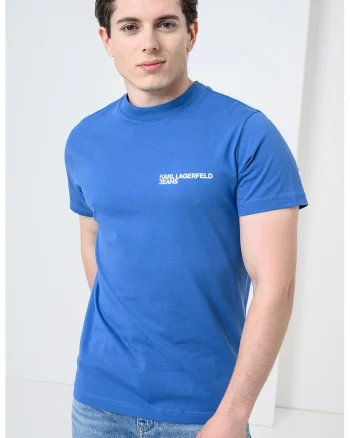 Tricou slim fit de bumbac organic cu imprimeu logo, Alb/Albastru cobalt