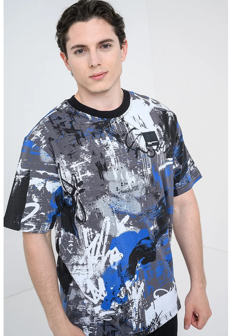 Tricou din bumbac organic cu imprimeu abstract, Alb/Gri/Albastru