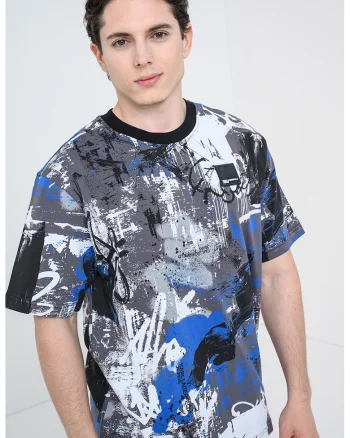 Tricou din bumbac organic cu imprimeu abstract, Alb/Gri/Albastru