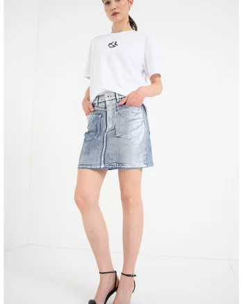 Fusta mini din denim cu aspect decolorat, Albastru/Argintiu