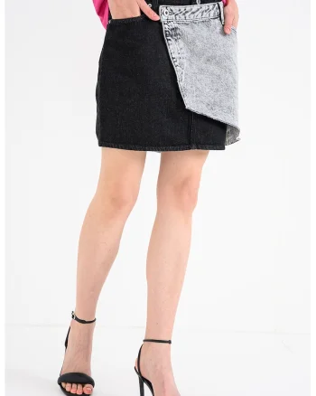 Fusta mini din denim cu design petrecut, Negru/Gri deschis