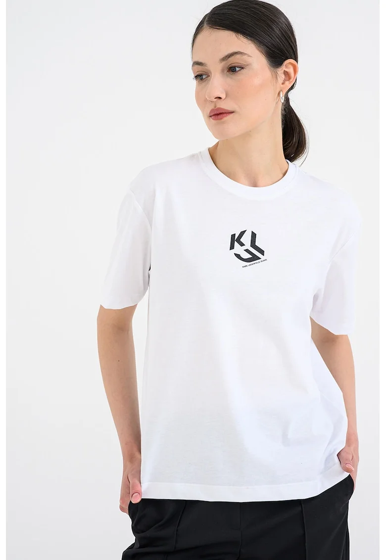 Tricou cu logo si model monograma, Negru/Alb murdar