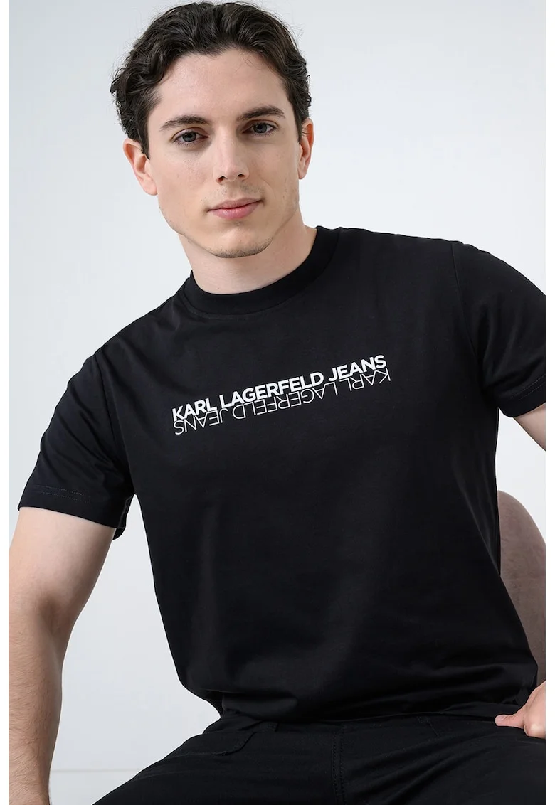 Tricou slim fit de bumbac cu imprimeu logo, Negru/Alb optic