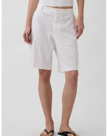 Pantaloni scurti din amestec de in cu model uni, Alb murdar
