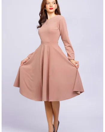 Rochie midi evazata cu decolteu barcuta, Roz prafuit deschis
