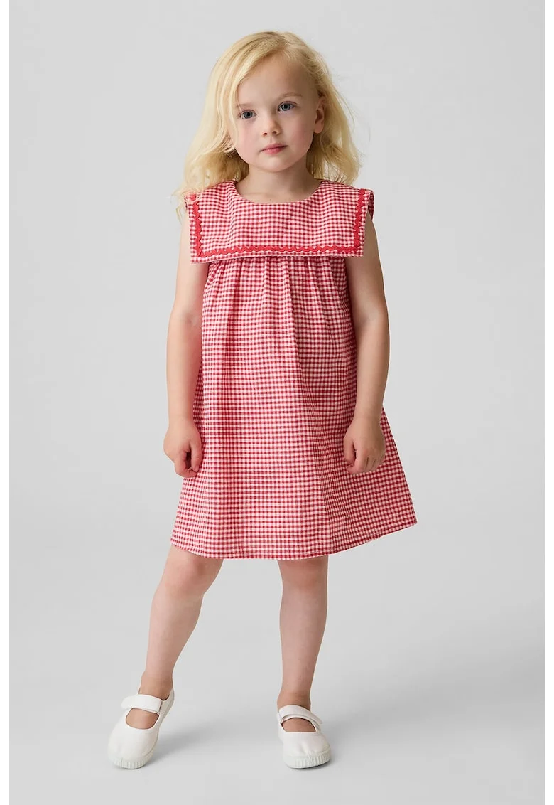 Rochie din amestec de in cu model gingham si guler, Roz pastel