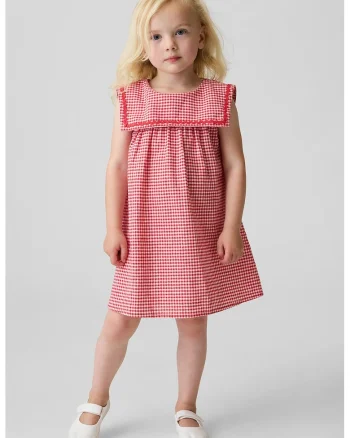 Rochie din amestec de in cu model gingham si guler, Roz pastel