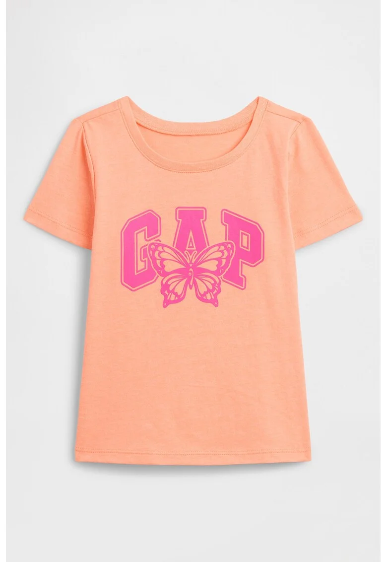 Tricou cu imprimeu logo si decolteu rotund, Portocaliu pal
