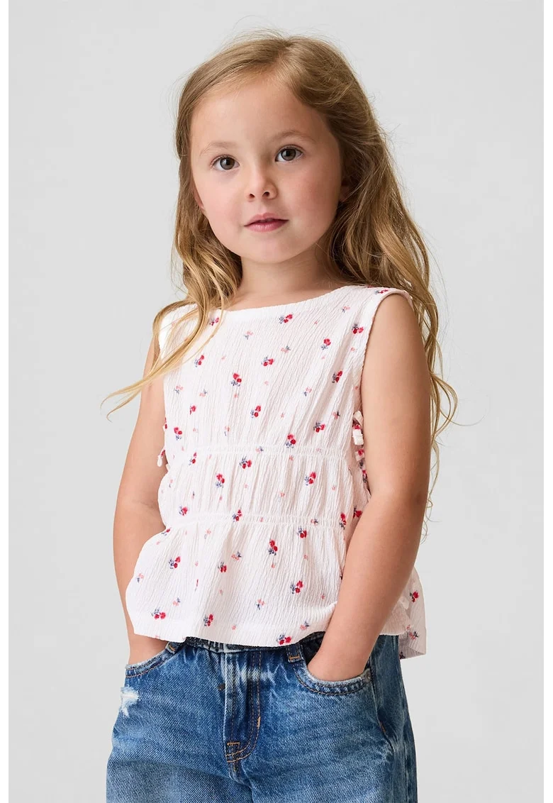 Bluza fara maneci cu model floral si sireturi laterale, Rosu/Alb optic