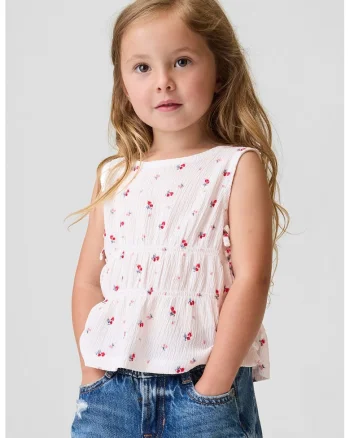 Bluza fara maneci cu model floral si sireturi laterale, Rosu/Alb optic