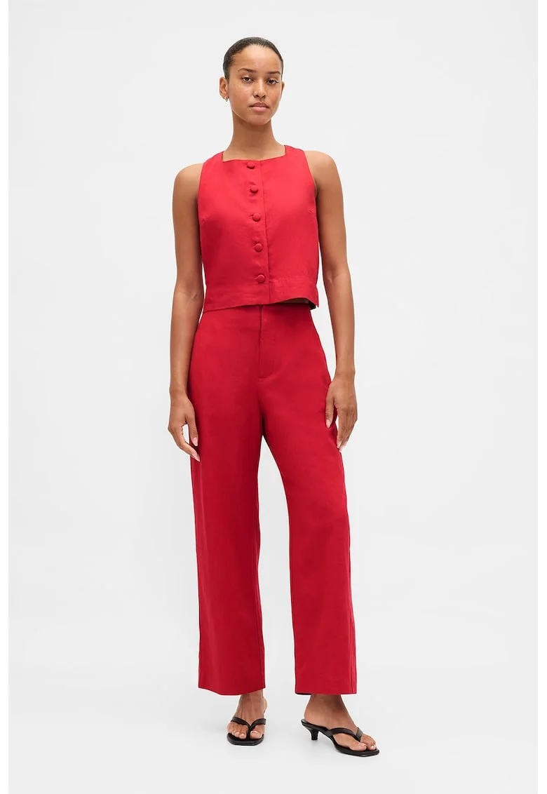 Pantaloni din amestec de in cu croiala dreapta, Rosu