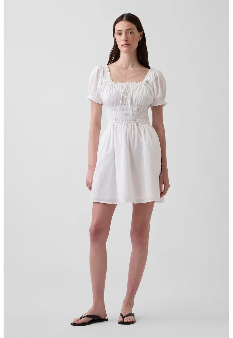 Rochie de bumbac cu talie elastica, Alb optic