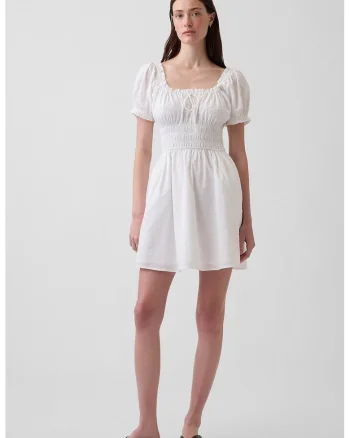 Rochie de bumbac cu talie elastica, Alb optic