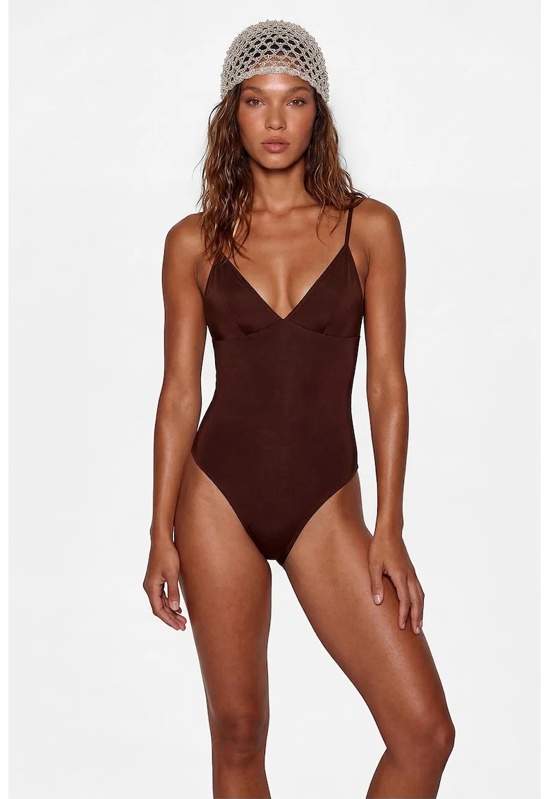 Costum de baie intreg cu bretele ajustabile, Maro inchis