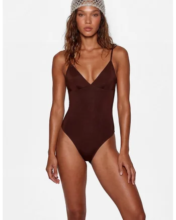 Costum de baie intreg cu bretele ajustabile, Maro inchis