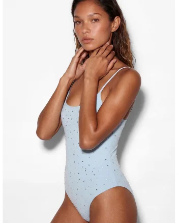 Costum de baie intreg cu strasuri, Albastru pastel
