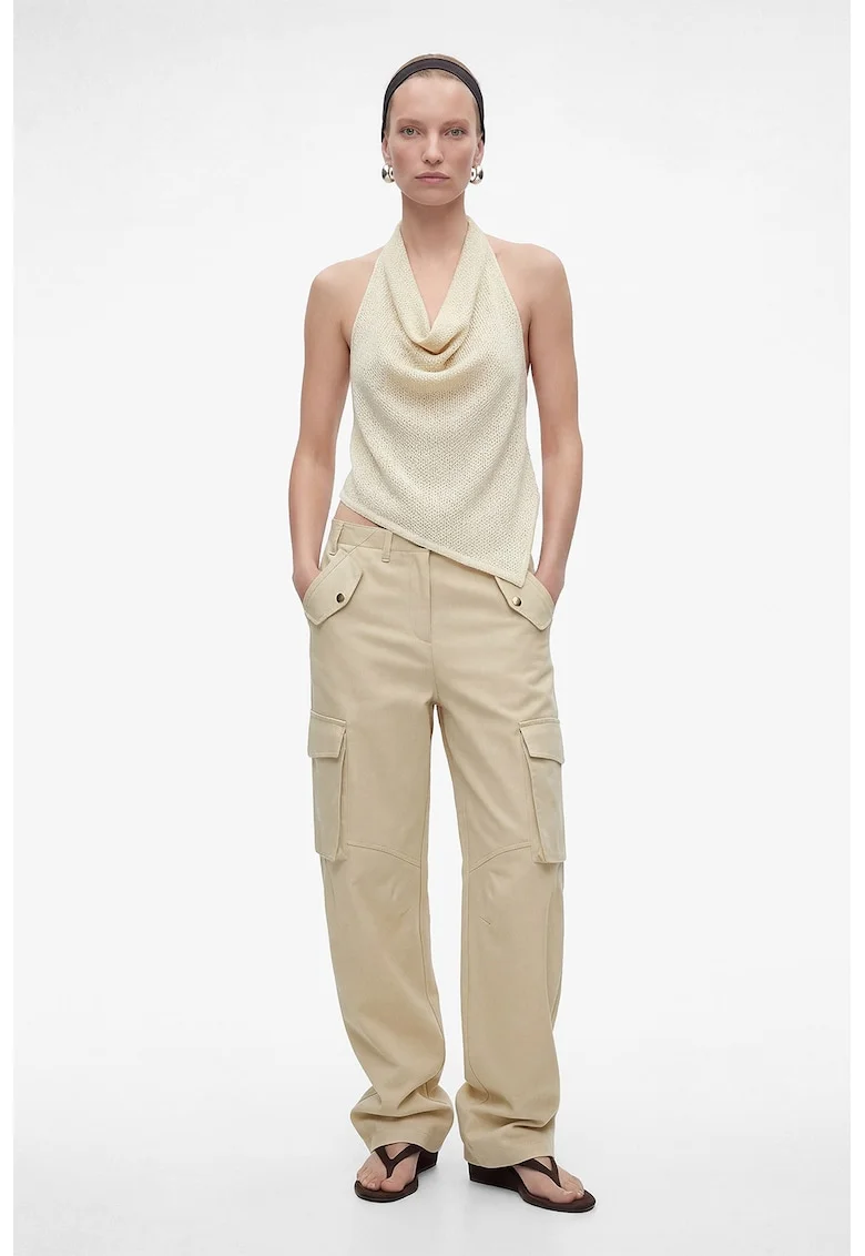 Bluza cu decolteu halter si terminatie asimetrica, Alb fildes