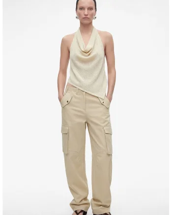Bluza cu decolteu halter si terminatie asimetrica, Alb fildes