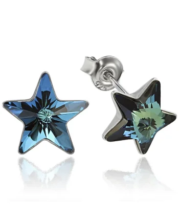 Cercei Argint 925 placat cu rodiu cu cristale Swarovski® Star, 10mm, Surub, Albastru inchis