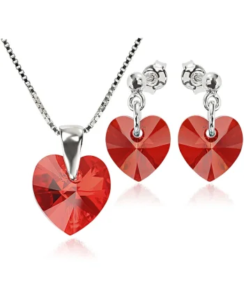 Set Argint 925 placat cu rodiu cu cristale Swarovski® Heart 10 mm Surub + Lant, Rosu