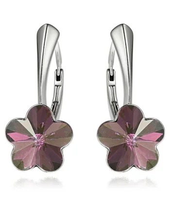 Cercei Argint 925 placat cu rodiu cu cristale Swarovski® Flower, 10mm, Leverback, Mov