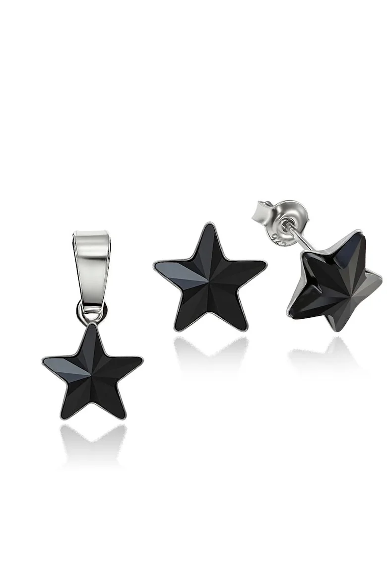 Set Argint 925 placat cu rodiu cu cristale Swarovski® Star, 10mm, Surub, Negru