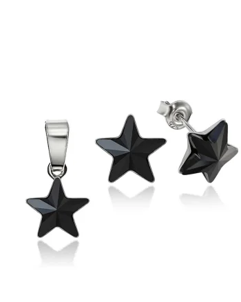 Set Argint 925 placat cu rodiu cu cristale Swarovski® Star, 10mm, Surub, Negru