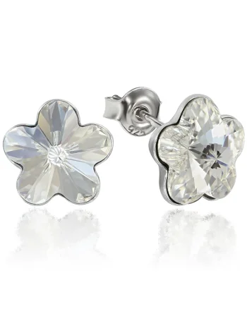 Cercei Argint 925 placat cu rodiu cu cristale Swarovski® Flower, 10mm, Surub, Alb