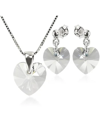 Set Argint 925 placat cu rodiu cu cristale Swarovski® Heart 10 mm Surub + Lant, Alb