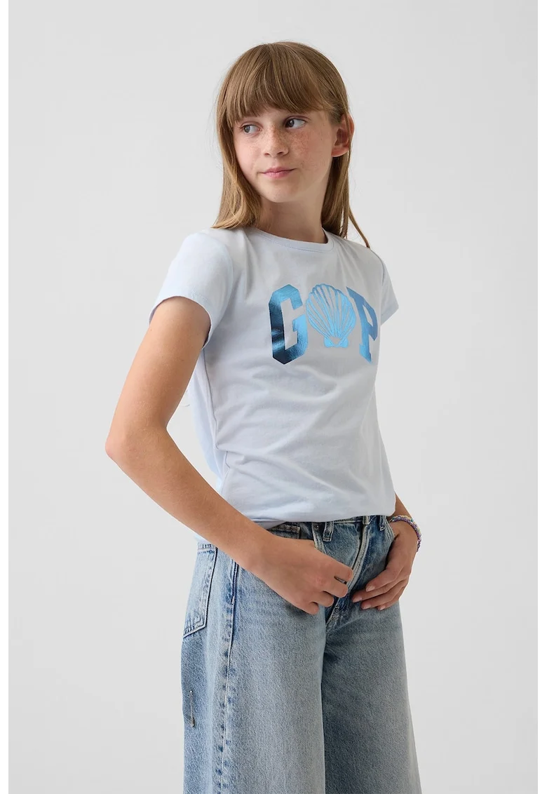 Tricou din bumbac cu model floral si logo, Albastru