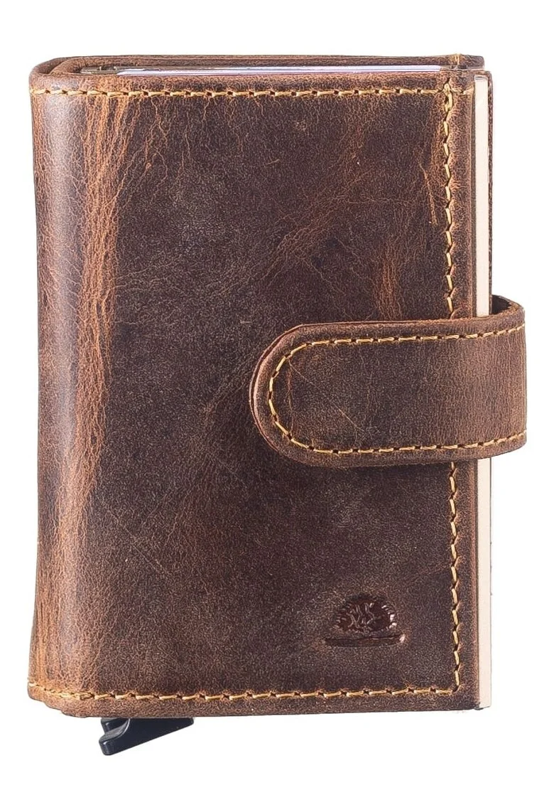 Portofel carduri unisex piele naturala maro antichizat,  8x10x3.5cm, cu 2 carcase glisante pentru 12 carduri, protectie RFID