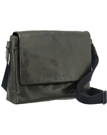 Geantă umăr unisex piele naturală verde 39x26x9cm,  seria Newport, 4 buzunare, curea reglabilă