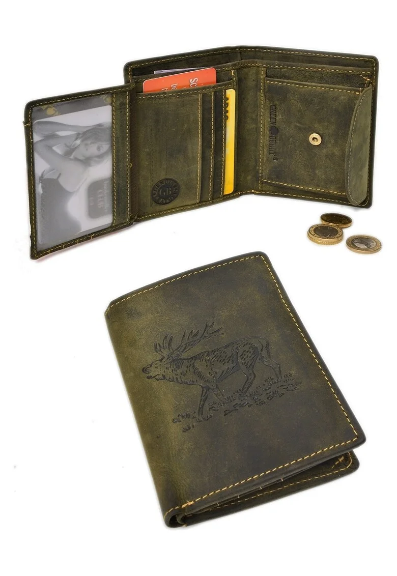 Portofel barbati  piele naturala, verde, 9.5x12.5x2.5cm, model stantat cerb, 7 sloturi pentru carduri