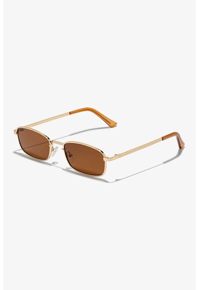 Ochelari de soare dreptunghiulari unisex cu rama metalica, Auriu/Caramel
