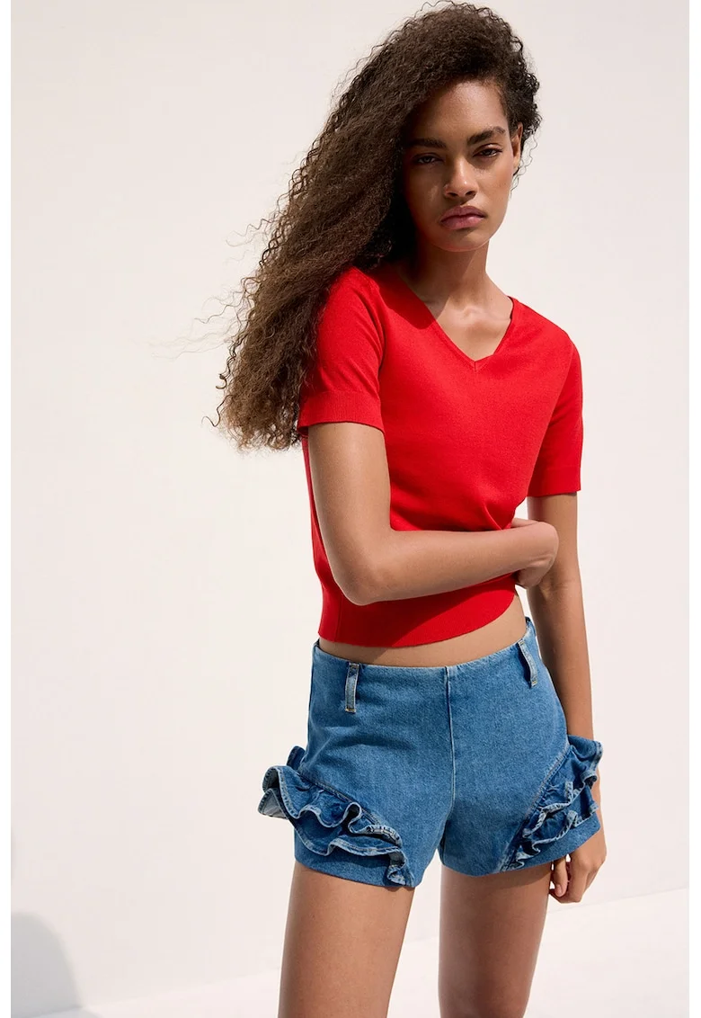 Pulover tricotat fin cu decolteu in V, Rosu