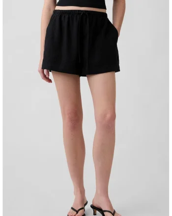 Pantaloni scurti din amestec de in cu snur, Negru