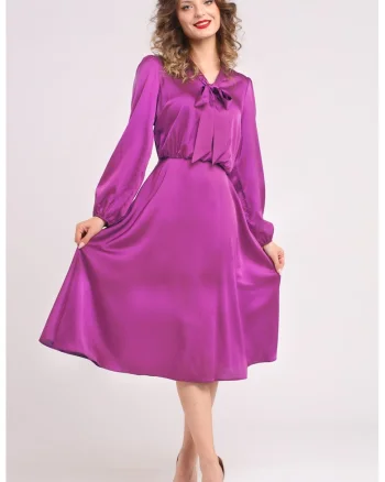 Rochie din satin cu funda din panglici, Roz fandango